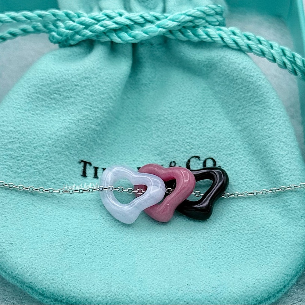 Tiffany & Co Elsa Peretti Blue Lace Agate Rhodonite Onyx Open Heart Necklace 16”